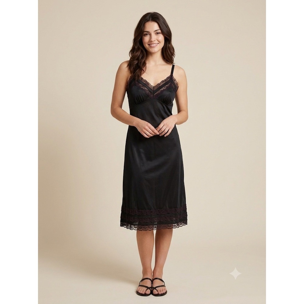 Vtg 70's Late 60's Carol Brent Lingerie Black Nylon Lace Slip Dress Size 10/12